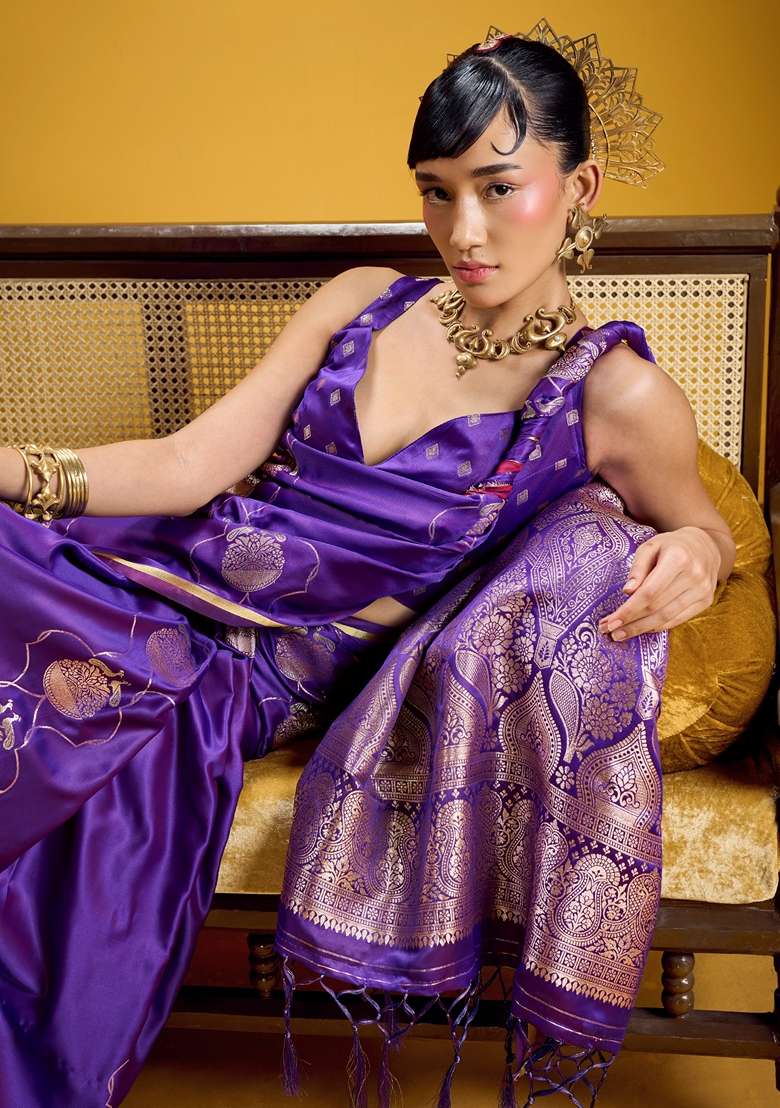 Purple Woven Design Satin Saree Set for Diwali | Wedding & Festive Wear - Indya