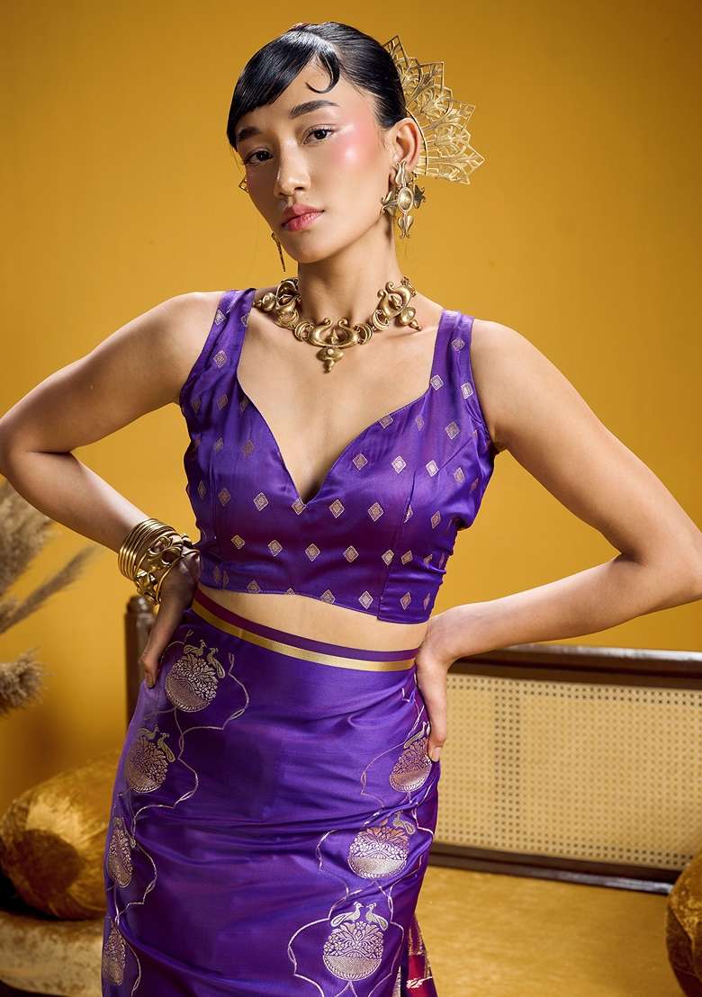 Purple Woven Design Satin Saree Set for Diwali | Wedding & Festive Wear - Indya