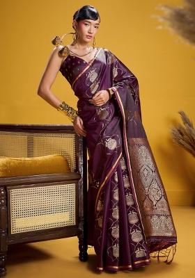 Purple Woven Design Satin Saree Set