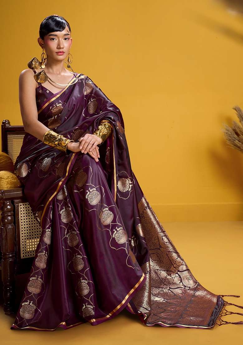 Purple Woven Design Satin Saree Set for Diwali | Wedding & Festive Wear - Indya