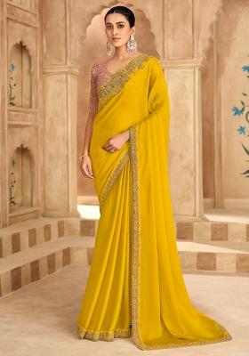 Yellow Embellished Satin Saree Set