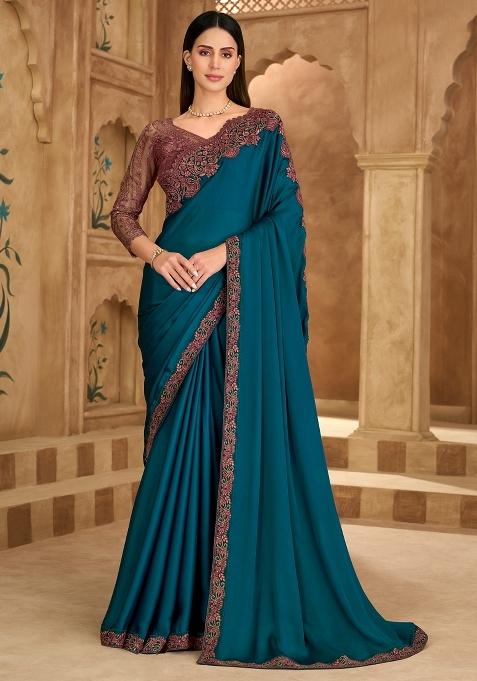 Teal Blue Embellished Satin Saree Set