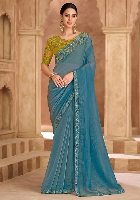 Light Blue Embellished Tissue Saree Set