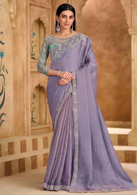 Lavender Embellished Tissue Saree Set
