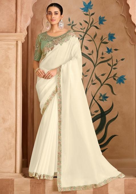 Off White Embellished Tissue Saree Set