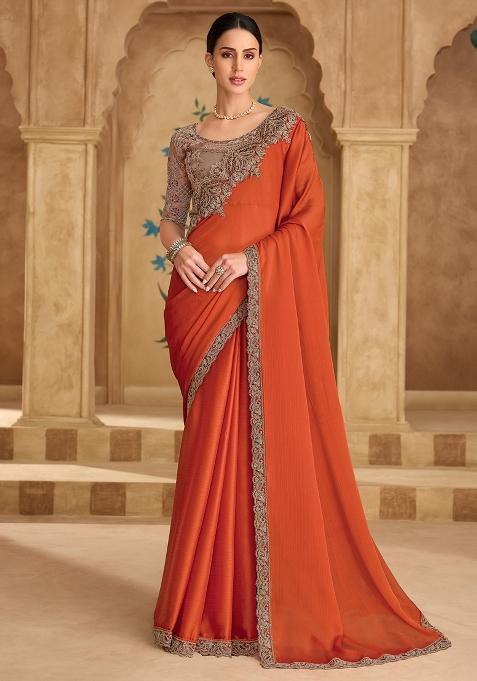 Rust Embellished Satin Saree Set — view on Indya