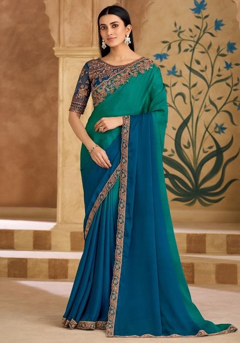 Teal Green Embellished Chiffon Saree Set