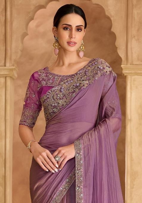 Lavender Embellished Tissue Saree Set