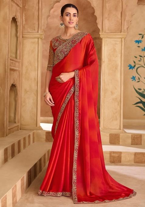 Red Embellished Satin Saree Set