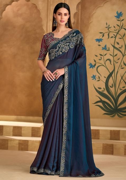 Teal Blue Embellished Tissue Saree Set — view on Indya