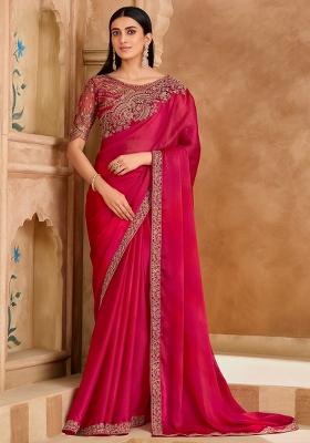 Pink Embellished Satin Saree Set