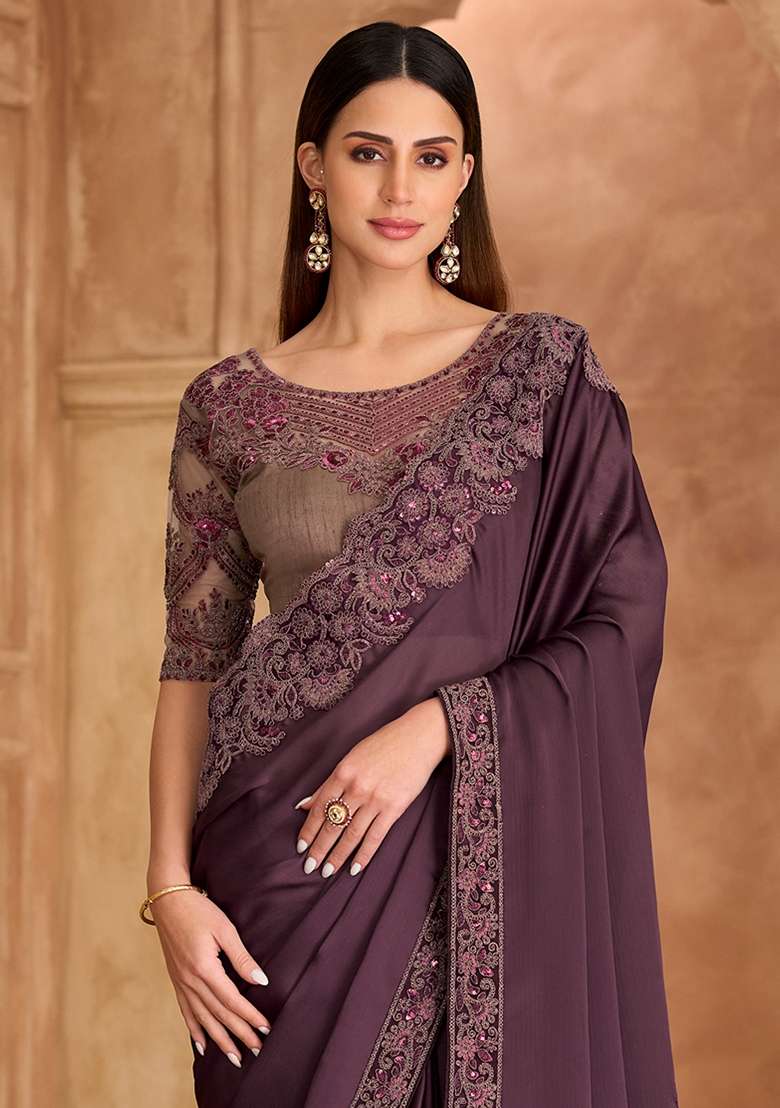 Purple Embellished Satin Saree Set for Diwali and Festive Wear - Indya