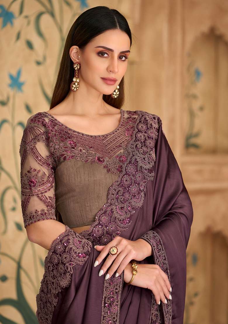 Purple Embellished Satin Saree Set for Diwali and Festive Wear - Indya