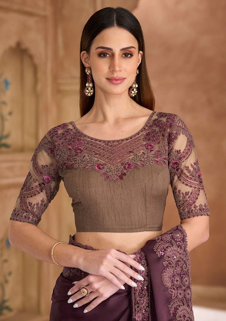 Purple Embellished Satin Saree Set for Diwali and Festive Wear - Indya