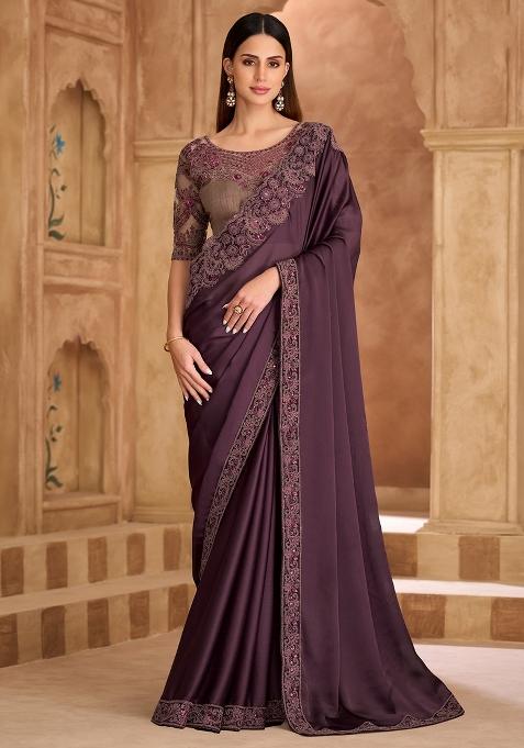 Purple Embellished Satin Saree Set