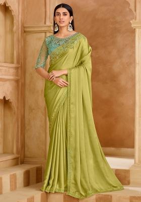 Light Green Embellished Satin Saree Set