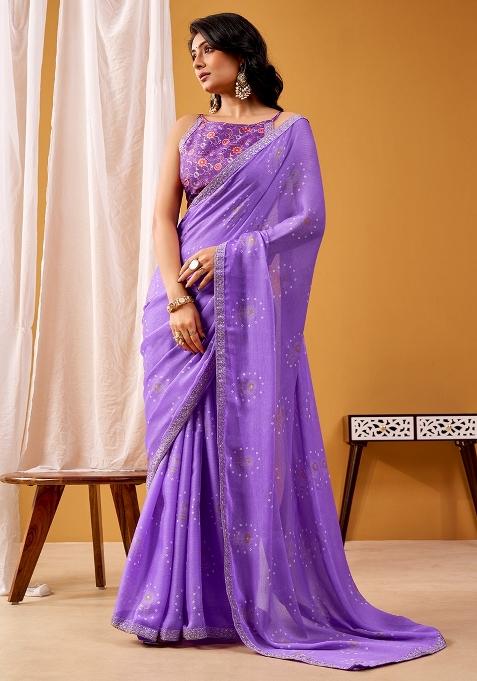 Lavender Printed Chiffon Saree Set