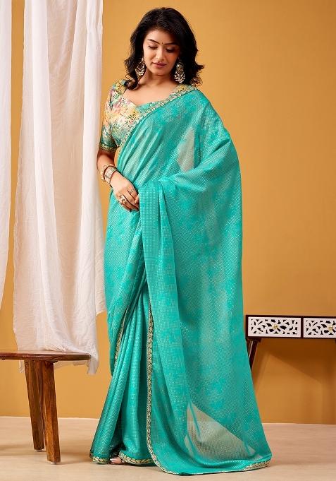 Turquoise Printed Chiffon Saree Set