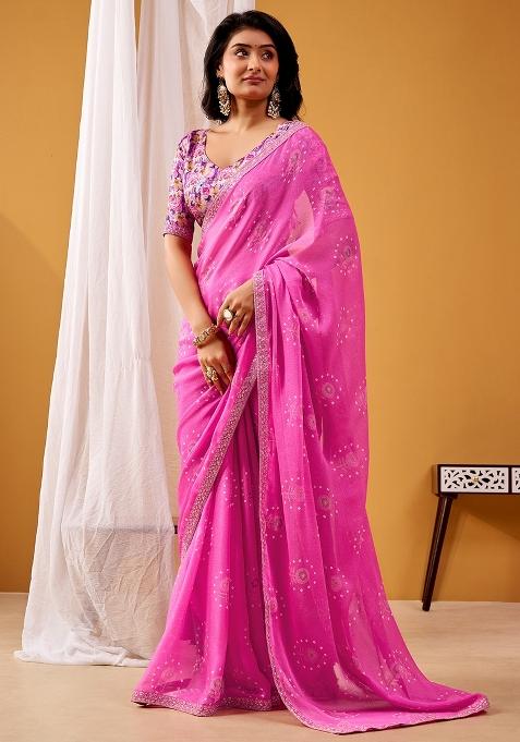 Pink Printed Chiffon Saree Set — view on Indya
