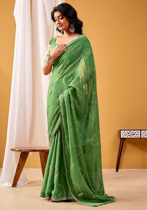 Light Green Printed Chiffon Saree Set