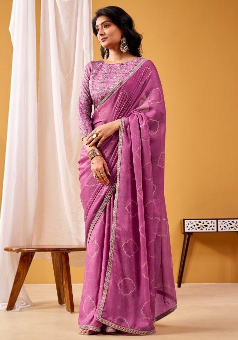 Mauve Printed Chiffon Saree Set
