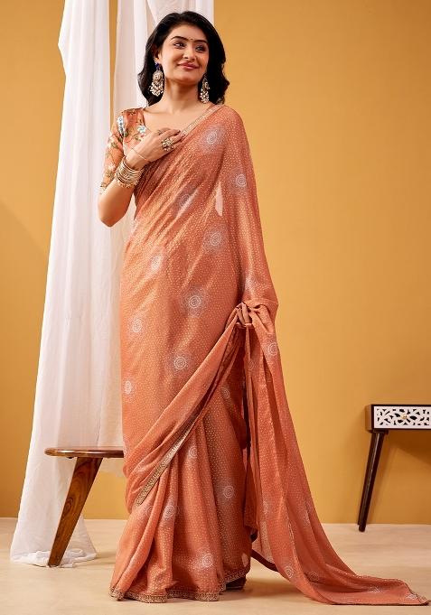 Camel Brown Printed Chiffon Saree Set