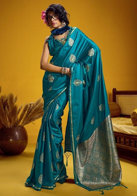 Light Blue Woven Design Silk Saree Set — view on Indya