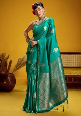 Teal Green Woven Design Silk Blend Saree Set