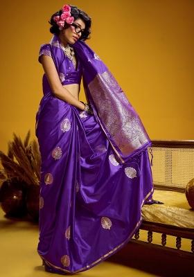 Purple Woven Design Silk Blend Saree Set