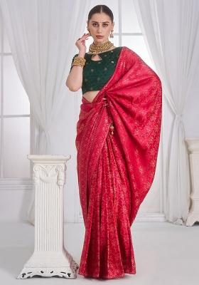 Pink Woven Design Satin Saree Set