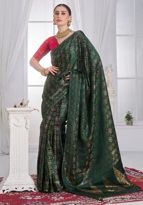 Dark Green Woven Design Satin Saree Set