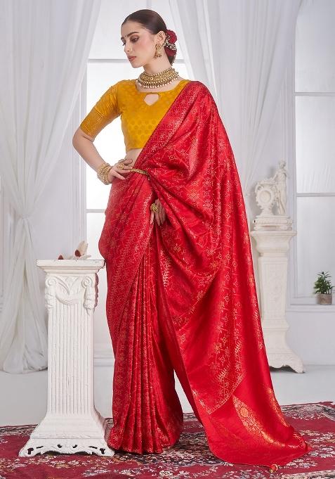Red Woven Design Satin Saree Set
