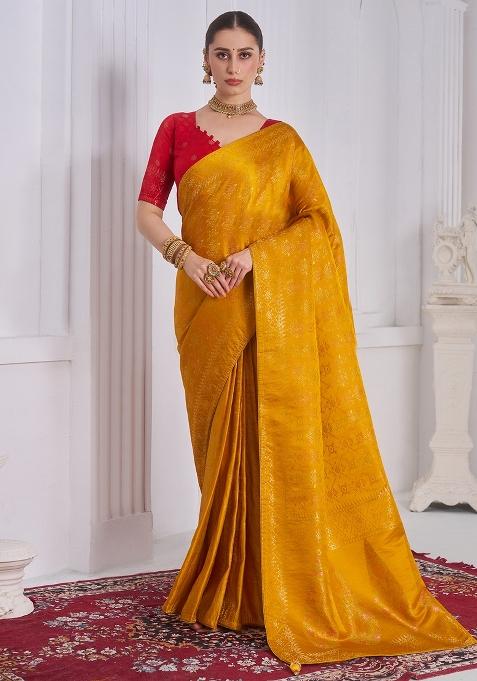 Mustard Woven Design Satin Saree Set