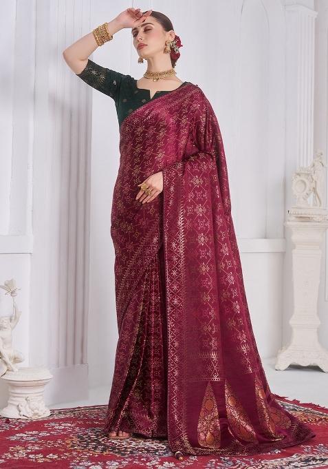 Burgundy Woven Design Satin Saree Set — view on Indya