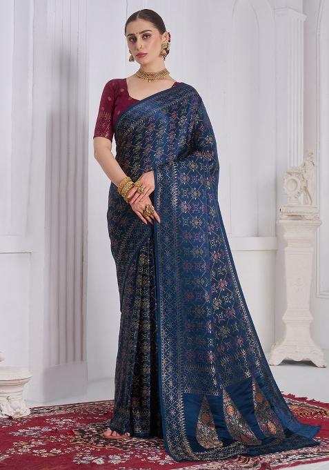 Teal Blue Woven Design Satin Saree Set — view on Indya
