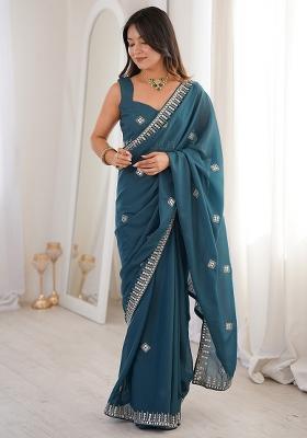 Teal Blue Embellished Georgette Saree Set