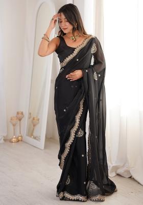Black Embellished Georgette Saree Set