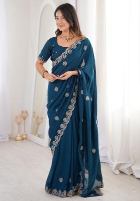 Teal Blue Embellished Silk Blend Saree Set