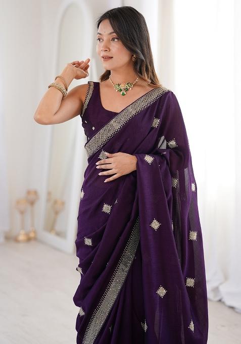 Purple Embellished Silk Blend Saree Set