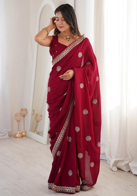 Maroon Embellished Silk Saree Set