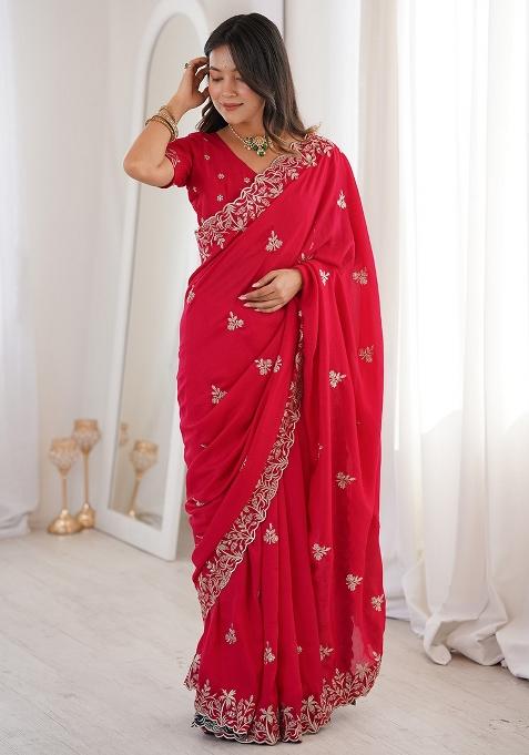 Pink Embellished Silk Saree Set