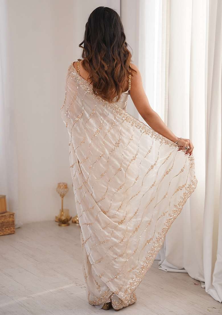 Off White Embellished Satin Saree Set - Indya