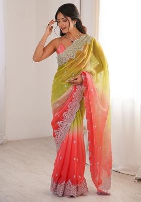 Light Green Embellished Satin Saree Set