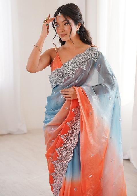 Light Blue Embellished Satin Saree Set