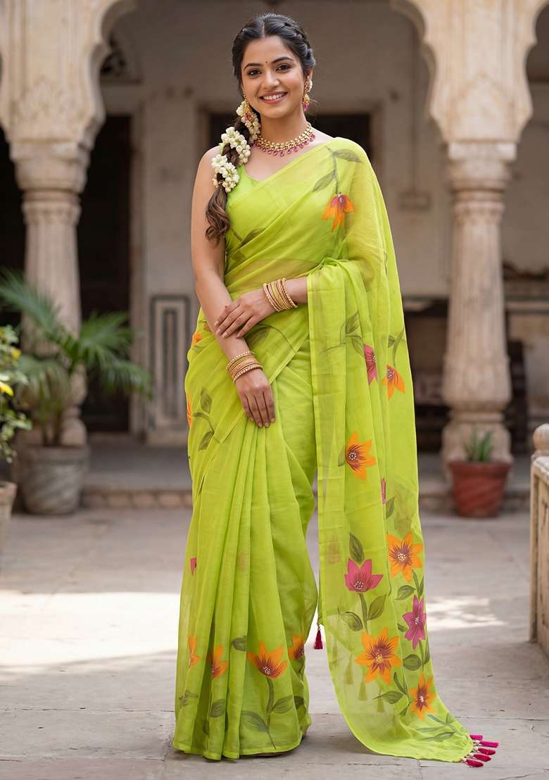 Light Green Printed Chinon Saree Set for Diwali and Festive Wear - Indya
