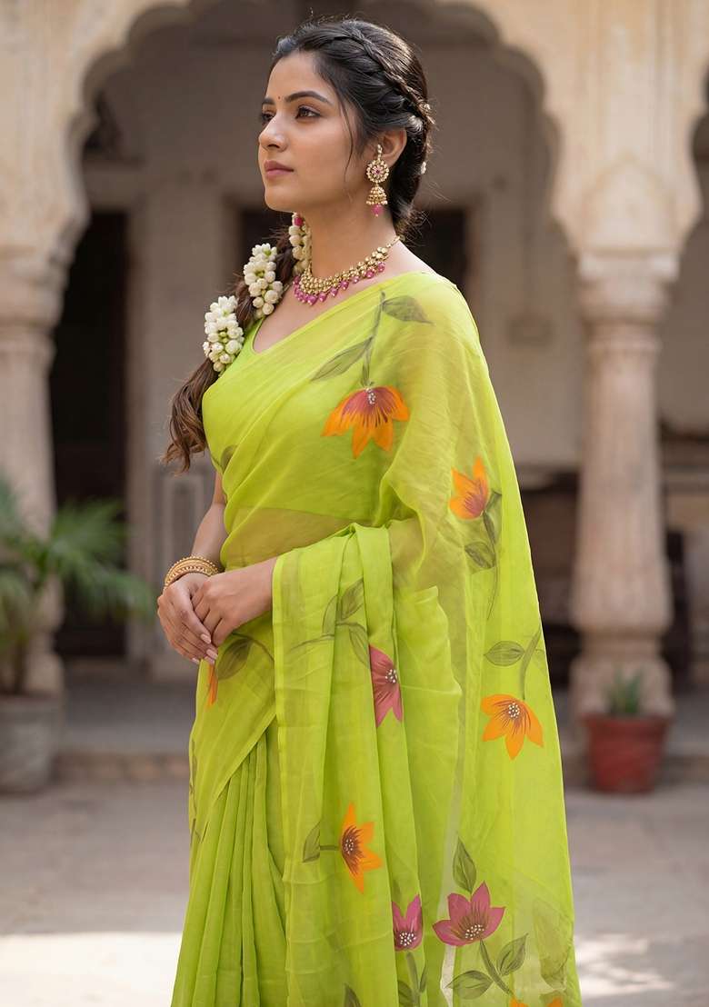 Light Green Printed Chinon Saree Set for Diwali and Festive Wear - Indya
