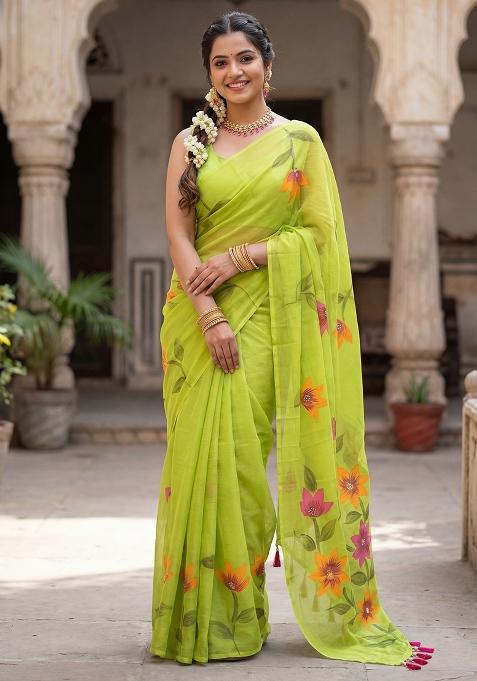 Light Green Printed Chinon Saree Set — view on Indya