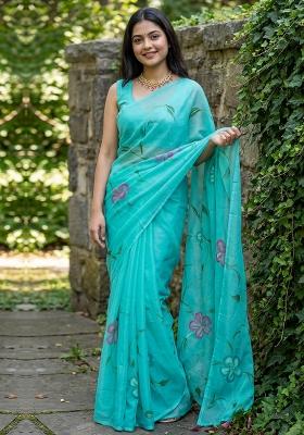 Light Blue Printed Chinon Saree Set