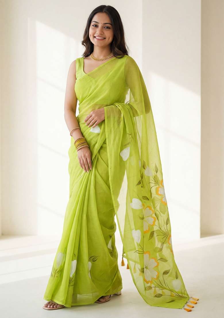 Light Green Printed Chinon Saree Set for Diwali and Festive Wear - Indya