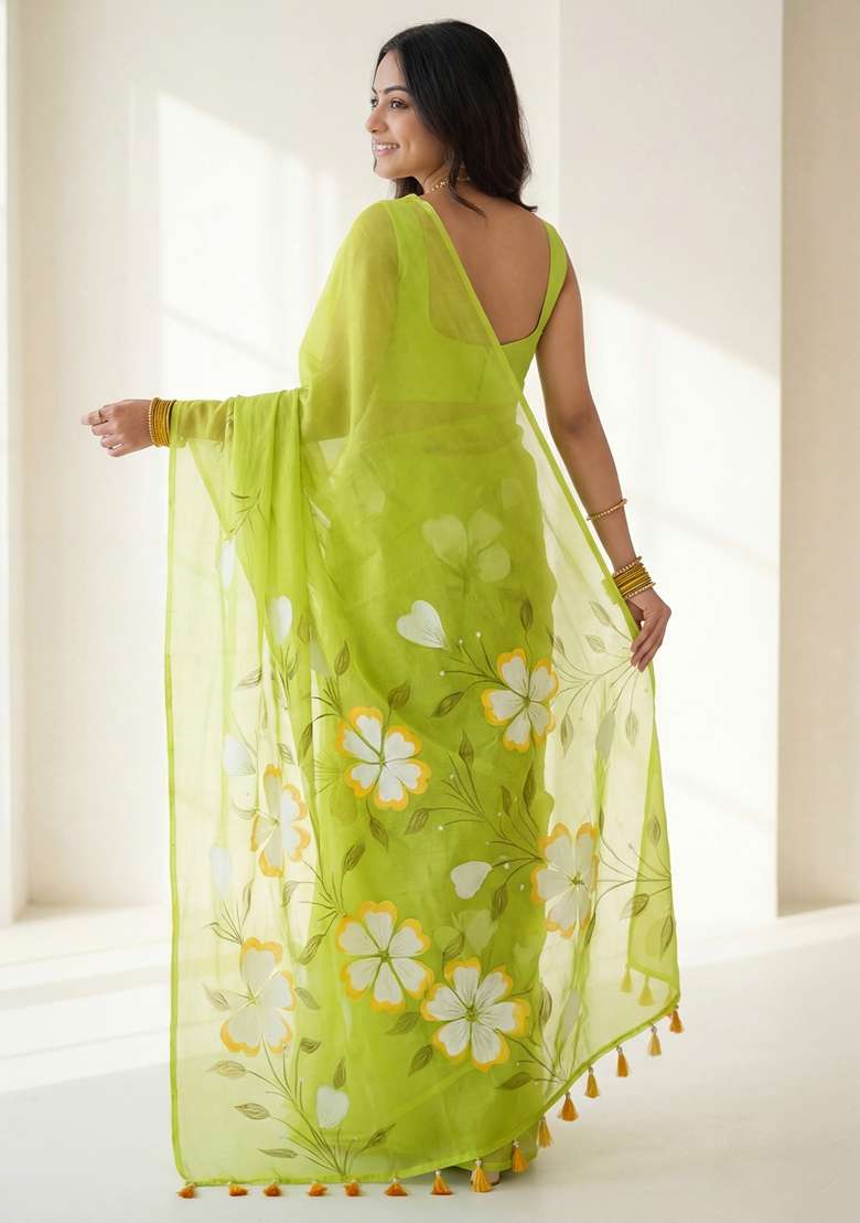 Light Green Printed Chinon Saree Set for Diwali and Festive Wear - Indya